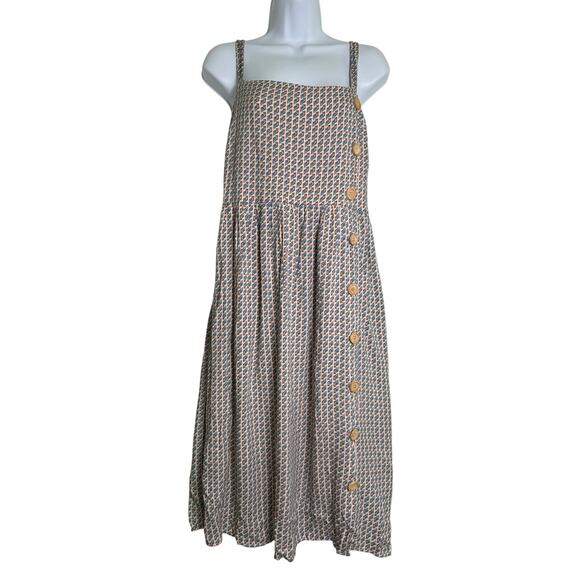 Super Foxx Dresses & Skirts - Superfoxx Square Neck Midi Dress Blue Tan Boho Size LARGE Geometric Print